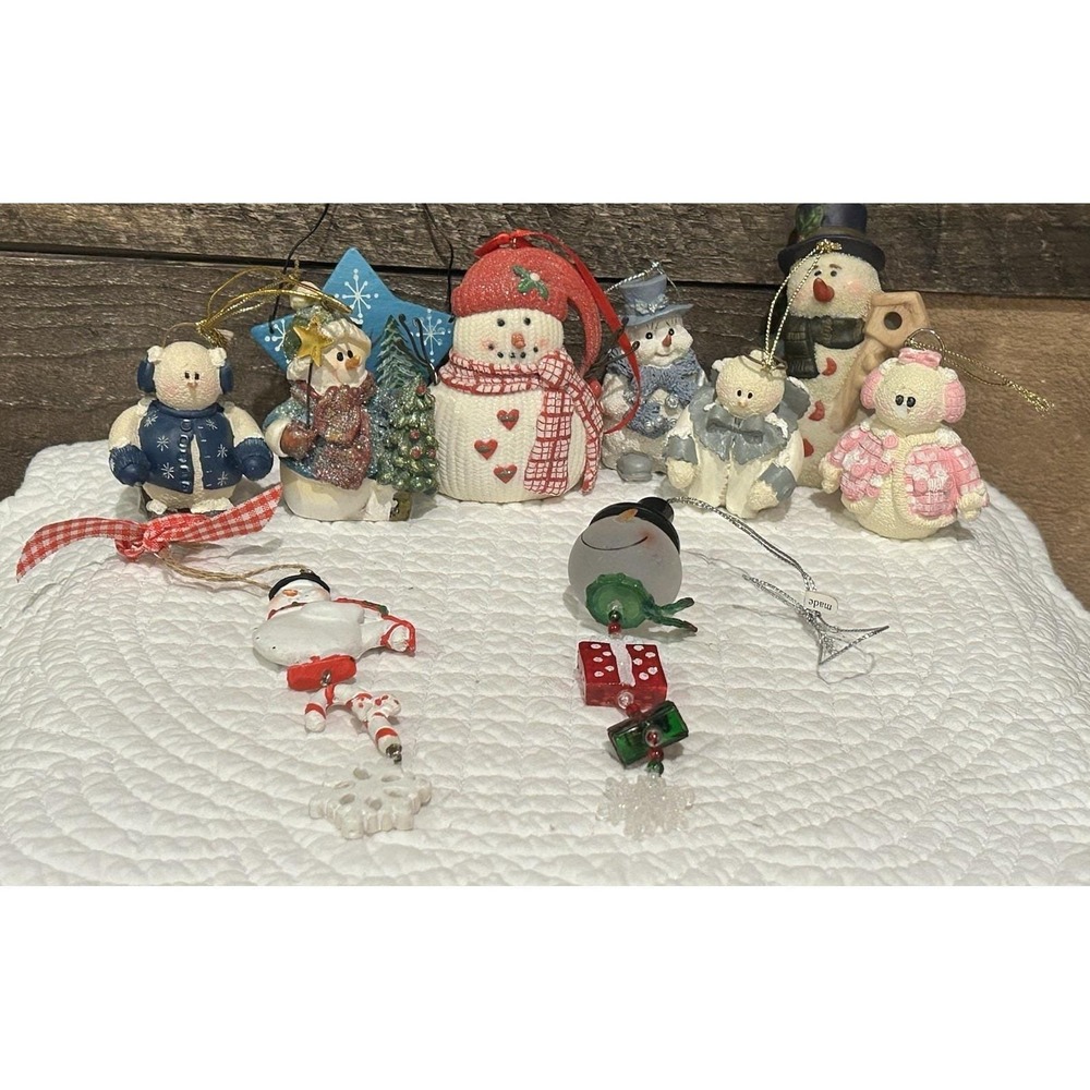 Vtg Mixed Lot Of 10 Snowmen Christmas Ornaments Resin Glass Mix Lot